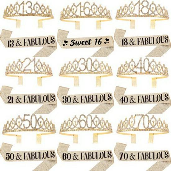 Zlatá třpytivá narozeninová šerpa a korunka, věk 18-80 let