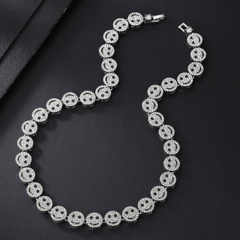 Smiling Face Hip Hop Round Tennis Chain Necklace Iced Out Bling Bracelet Fashion Shiny Zircon Charm Jewelry