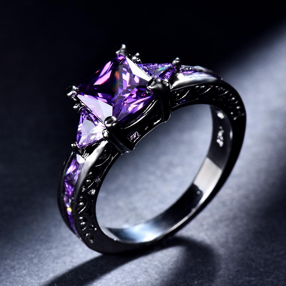 1 Pc Black Golden Color Princess Cut Purple Stone CZ Claw Rings Wedding Band Jewelry Valentine's Day Gifts