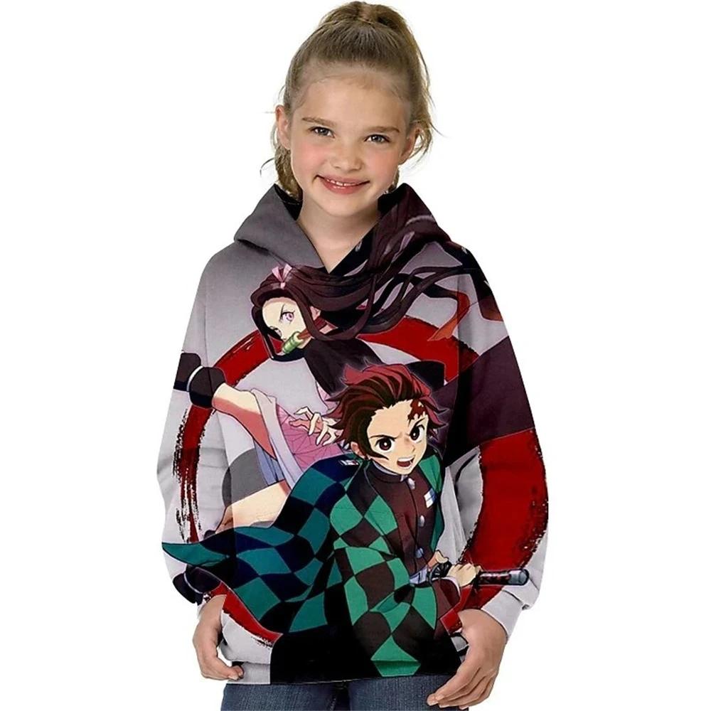 

New Autumn Winter Kids Demon Slayer Hoodie Cartoon Pullover Casual Long Sleeve Hooded Clothing Boys Girls Fashion Coat With Hat 160CM