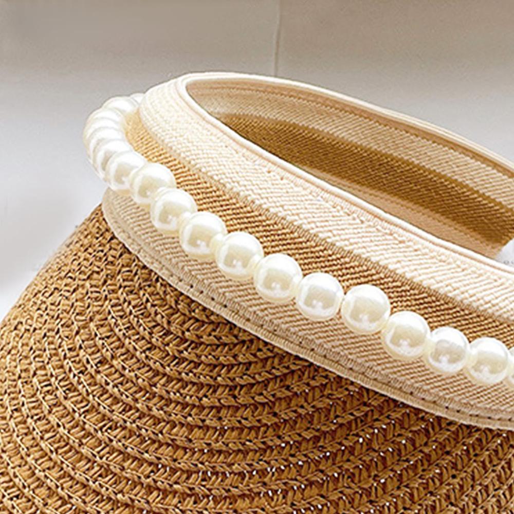 Summer Empty Top Suncap Wide Brim Pearls Women Sun Hat Leisure Straw Cap UV Protection Sun Visor Hat Beach Cap Khaki Black White