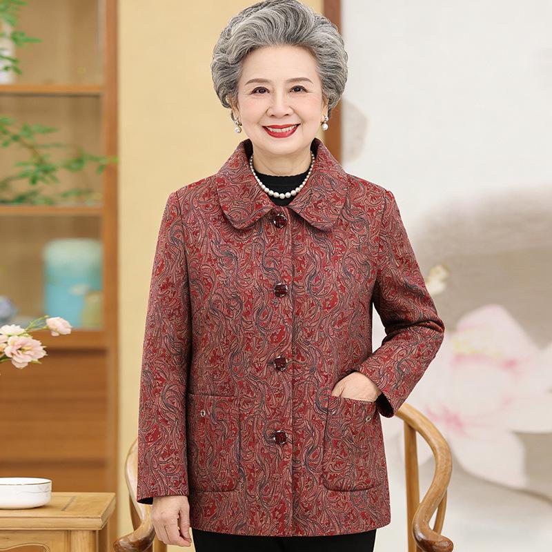 Elegant Plus-Size Floral Jacket for Middle-Aged and Elderly Women - Comfortable and Warm Long-Sleeve Top for Autumn/Winter