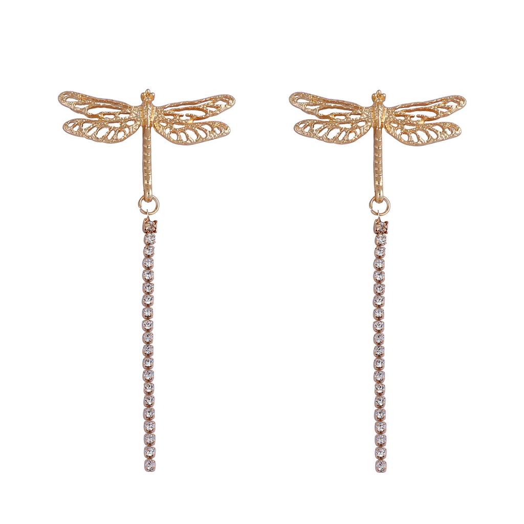 Simple fashion light luxury high-end design gold inlaid zircon long tassel dragonfly animal pendant earrings