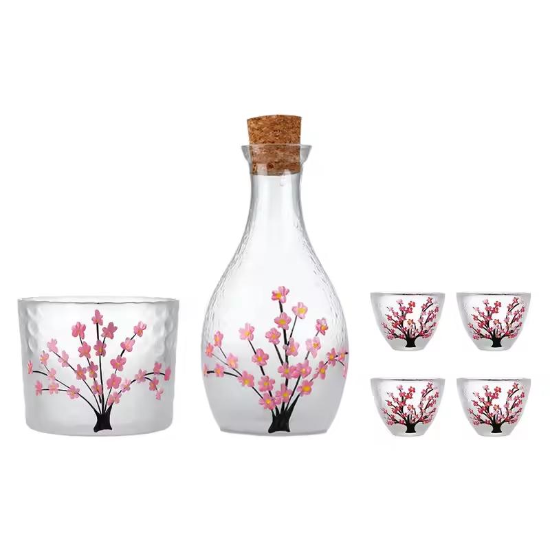 Sada na saké Sakura v japonském stylu, láhev na víno, šálky, ručně malovaný design, vintage saké, průhledné sklo, párty sada na víno, pohár na vodu