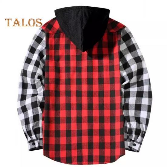 Fall Winter Men Shirt Coat Plaid Print Long Sleeves Chest Pocket Adjustable Drawstring Hood Single-breasted Patchwork Loose Contrast Color Jacket