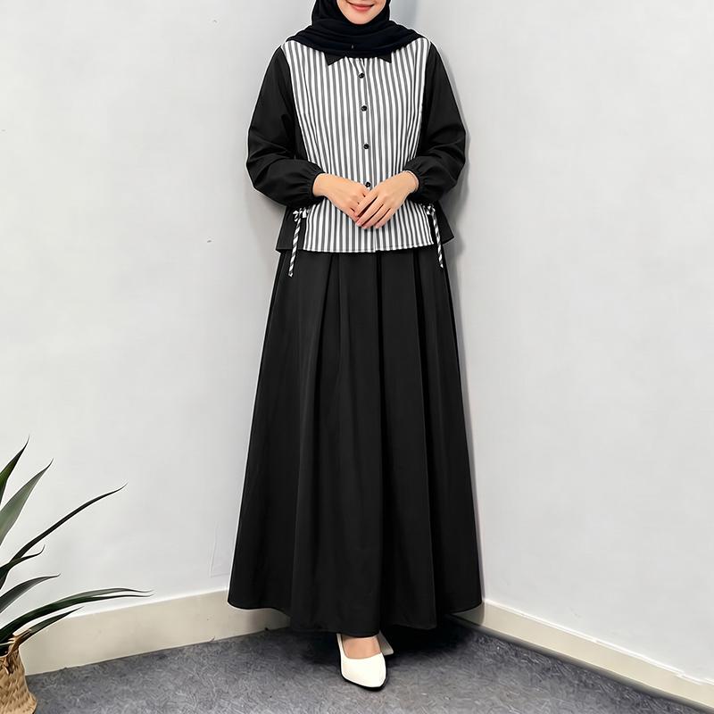 ZANZEA Women Long Sleeve Stripe Blouse and Long Skirts Casual Two Piece Sets
