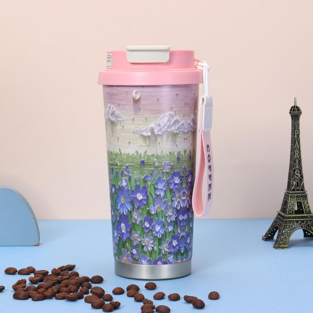High-value Lily of the Valley Coffee Cup, Thickened 316 Stainless Steel Thermos Cup, Portable Rope, Car Double Drinking Straw Water Cup