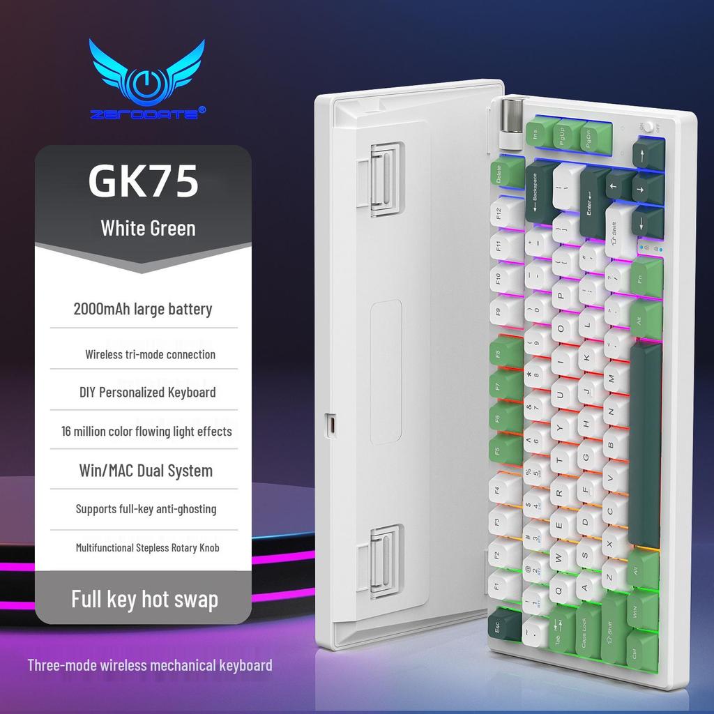 GK75 Wireless Mechanical Keyboard: Three-Mode Bluetooth, RGB Lighting, Blue Switches, Waterproof, for Gaming and Office Use.
