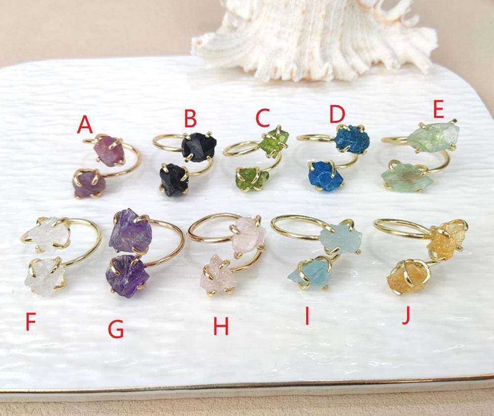 Boho Jewelry Raw Crystal Gemstone Double Stone Ring Natural Amethyst Citrine Aquamarine Fluorite Rose Quartz Adjustable Rings Gold