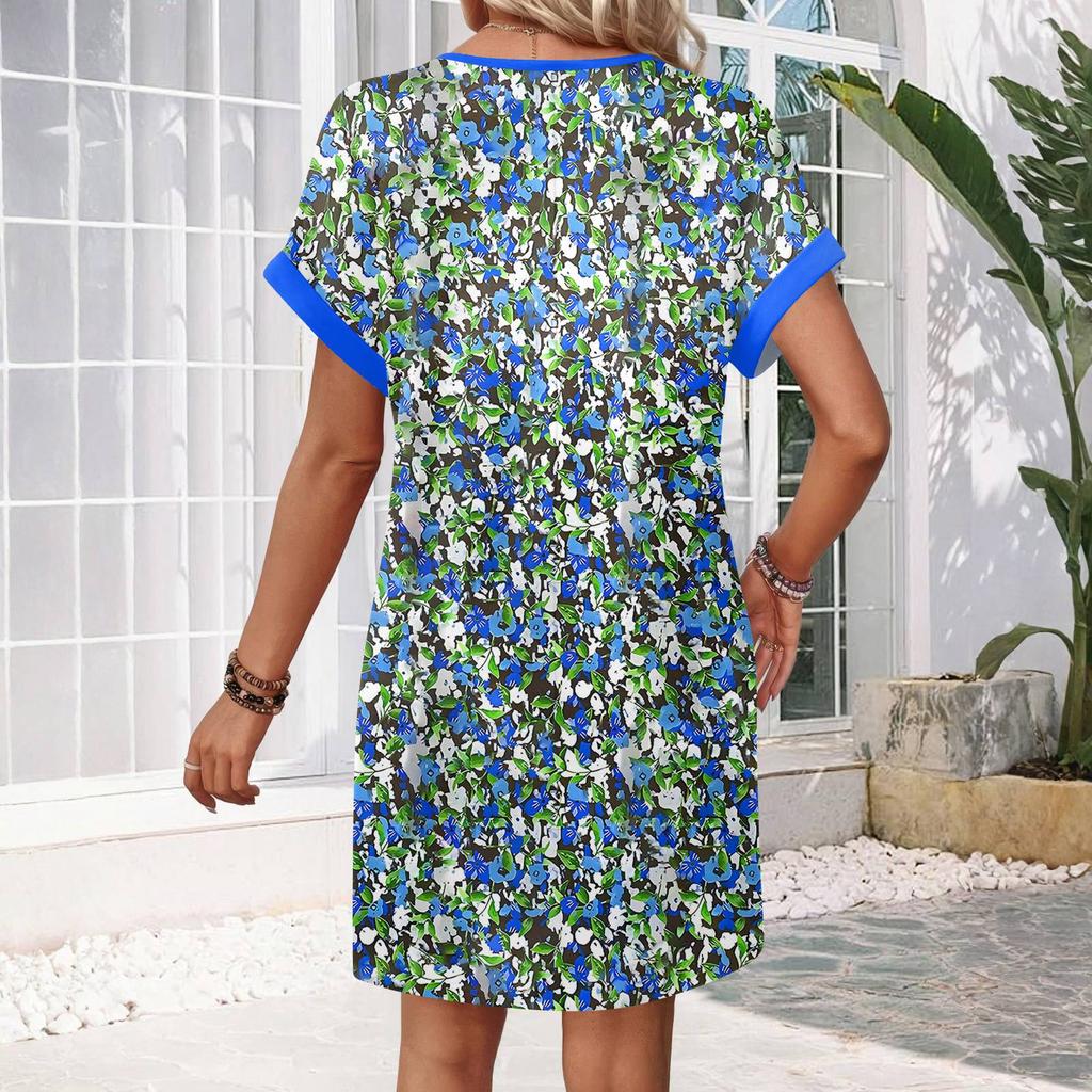 Women's Fashion Print V-Neck Short Sleeve Pocket Casual Pullover Dress
