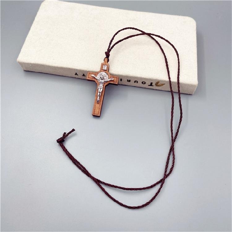 Religious Catholic Small Wood Crosses Necklace Pendants Jewelry Rope Chain