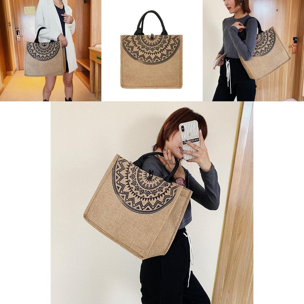 Tote Printed Flax Bag For Women Large Capacity Shoulder Bag With Commuter Casual