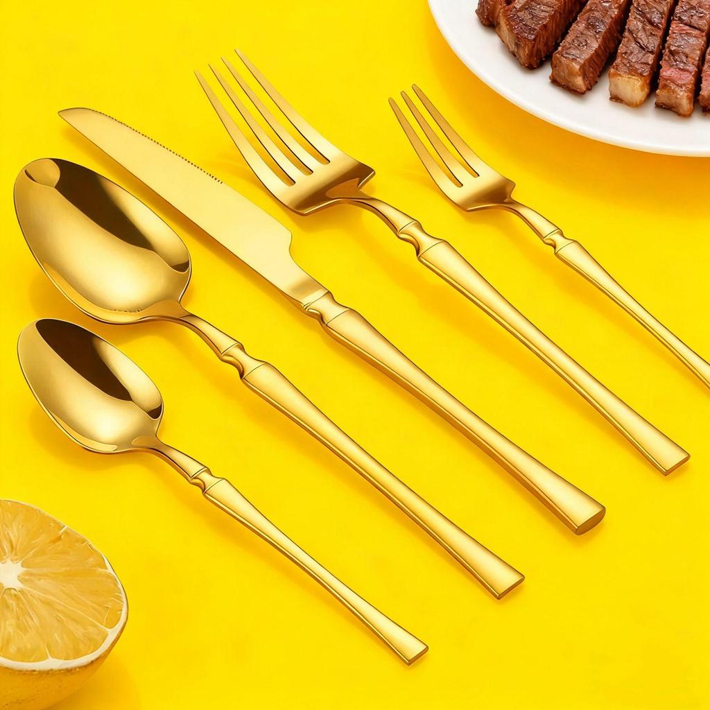 Gold 24-Piece Stainless Steel Cutlery Set: Elegant Steak Knife, Fork, and Spoon for Western Cuisine.