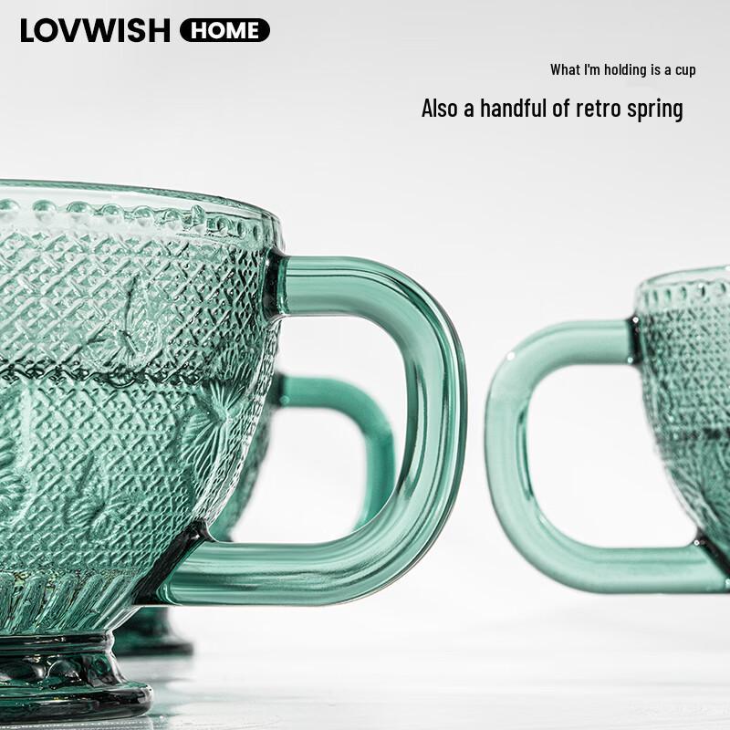 LOVWISH Dark Green Butterfly Embossed Glass Mug with Handle & Lid