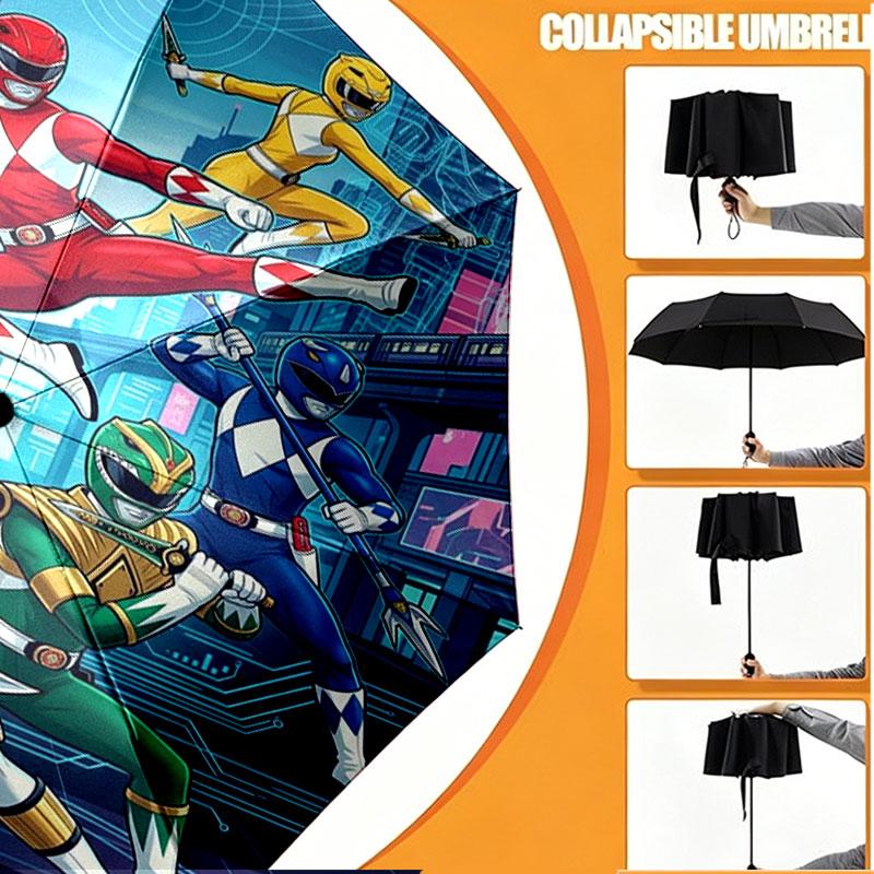 Custom Name Personalized Power Rangers Print Umbrella, Auto Open Close, 8‑Rib Sturdy Frame, Commute Camping Hiking Use, Birthday Gift