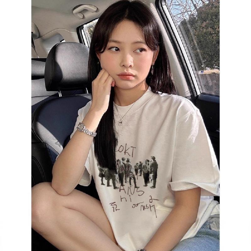 

Summer pure cotton American retro short-sleeved t-shirt women s new loose and lazy design trendy couple casual top m (recommended 40-52.5kg ) белый