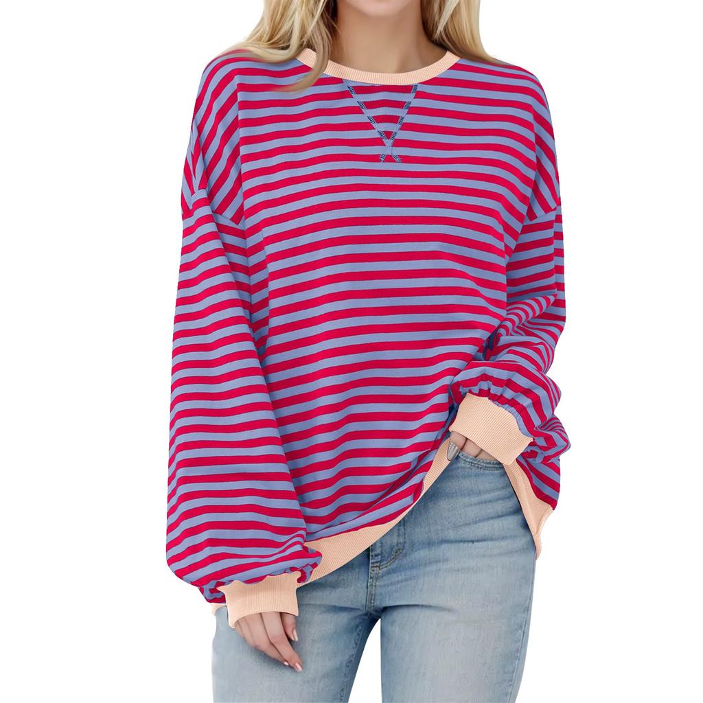Women's Oversized Striped Color Blocking Long Sleeved Round Neck Sports Shirt Casual Loose Fitting Pullover Shirt Top