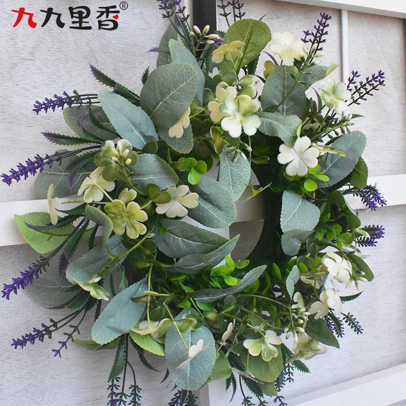Small Artificial Wreath With Bunny Tail Leaves Eucalyptus Door Decor Purple Plastic Floral Garland