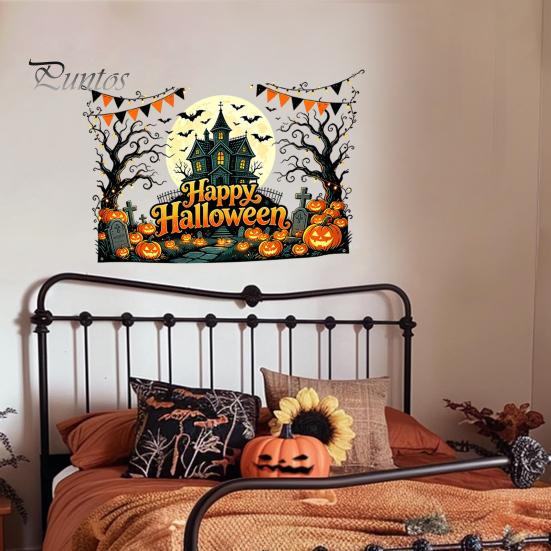 Easy Apply Halloween Decals Happy Wall Stickers, Moonlit Castle Pumpkin Clings, Waterproof Retro Stickers Haunted House for Home Living Room