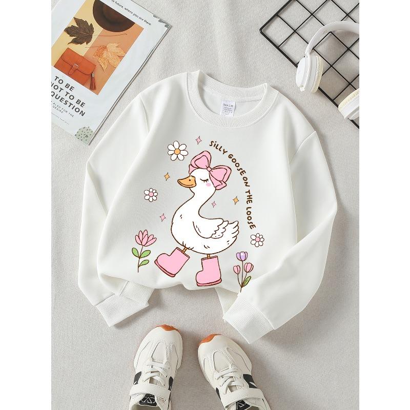 Youth Crewneck Sweatshirt Featuring a Playful Goose Adorned with Pink Boots And a Bow, Suitable for Machine Washing. Ideal for Spring And Autumn,