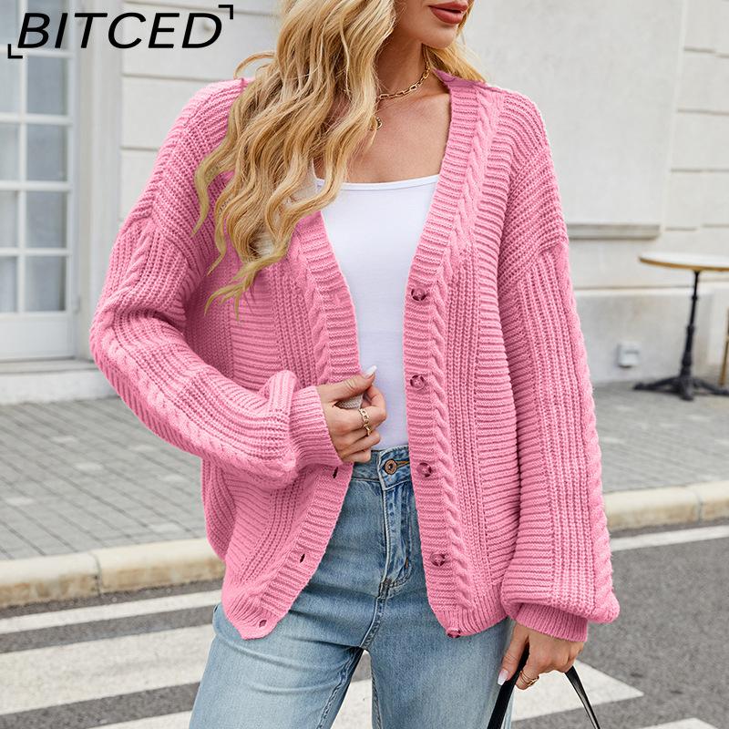BITCED Relaxed-Fit Oversized Cardigan Autumn/Winter Long-Sleeved V-Neck Cable-Knit Sweater