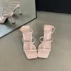 2025 Summer New Square Head Stiletto Celebrity High Word Strap Roman Sandals High Heel Sandals Women