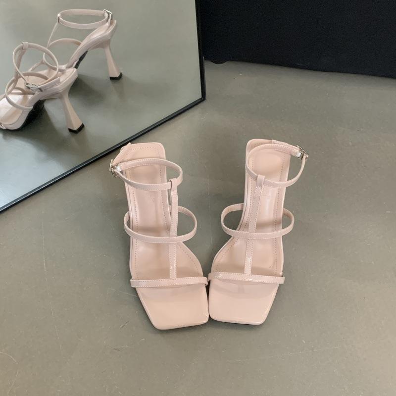 2025 Summer New Square Head Stiletto Celebrity High Word Strap Roman Sandals High Heel Sandals Women