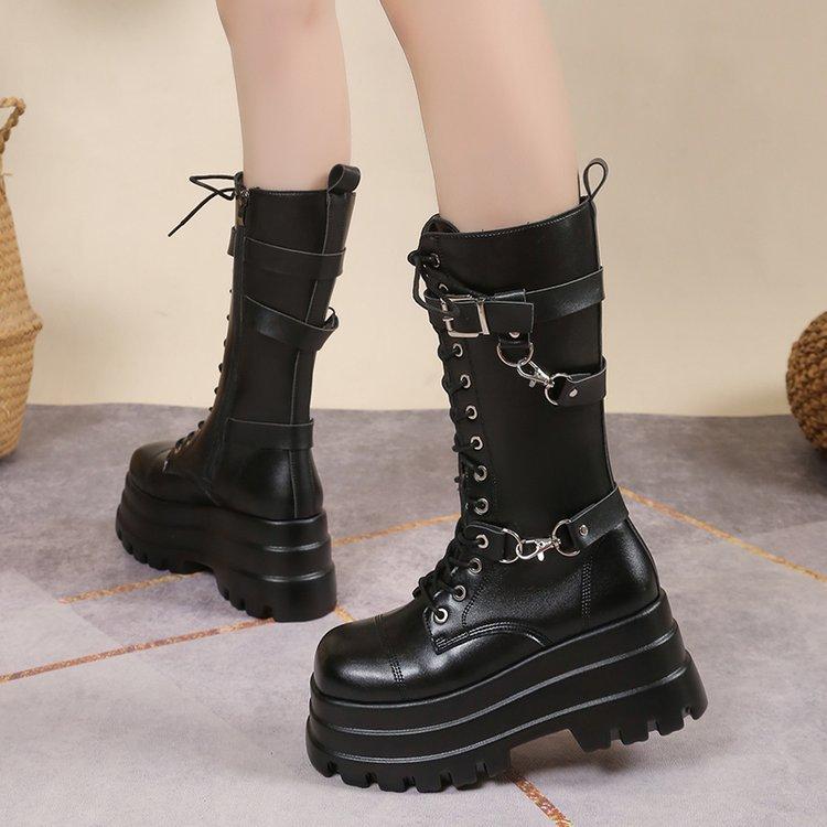 Plus Size 43 Autumn Women Boots Buckle Round Toe Wedges Platform Boots Punk Goth Women Street Shoes  Boots for Women