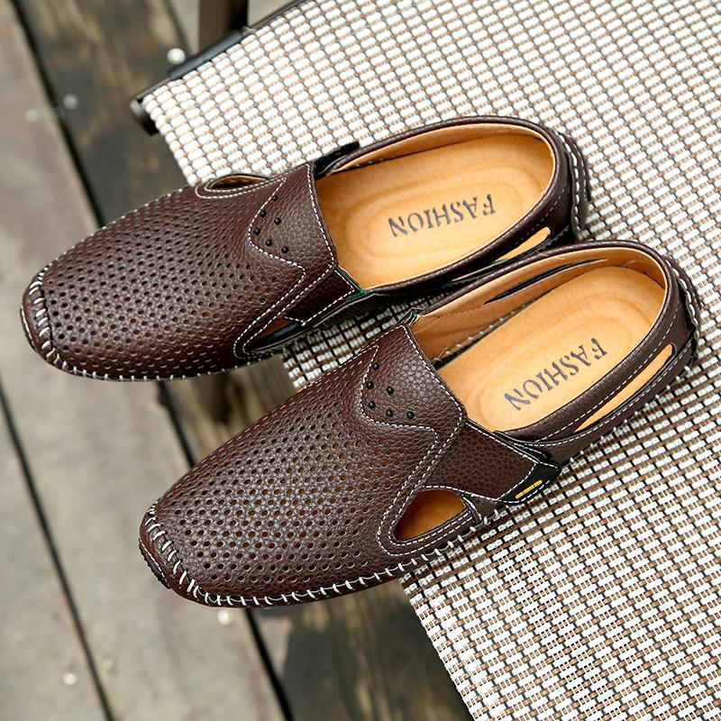 Fashion Men Sandals Men Breathable Footwear Mesh with Hole Cow Leather Shoes Male Comfortable Soft Sole Men's Casual Shoes Men Loafers