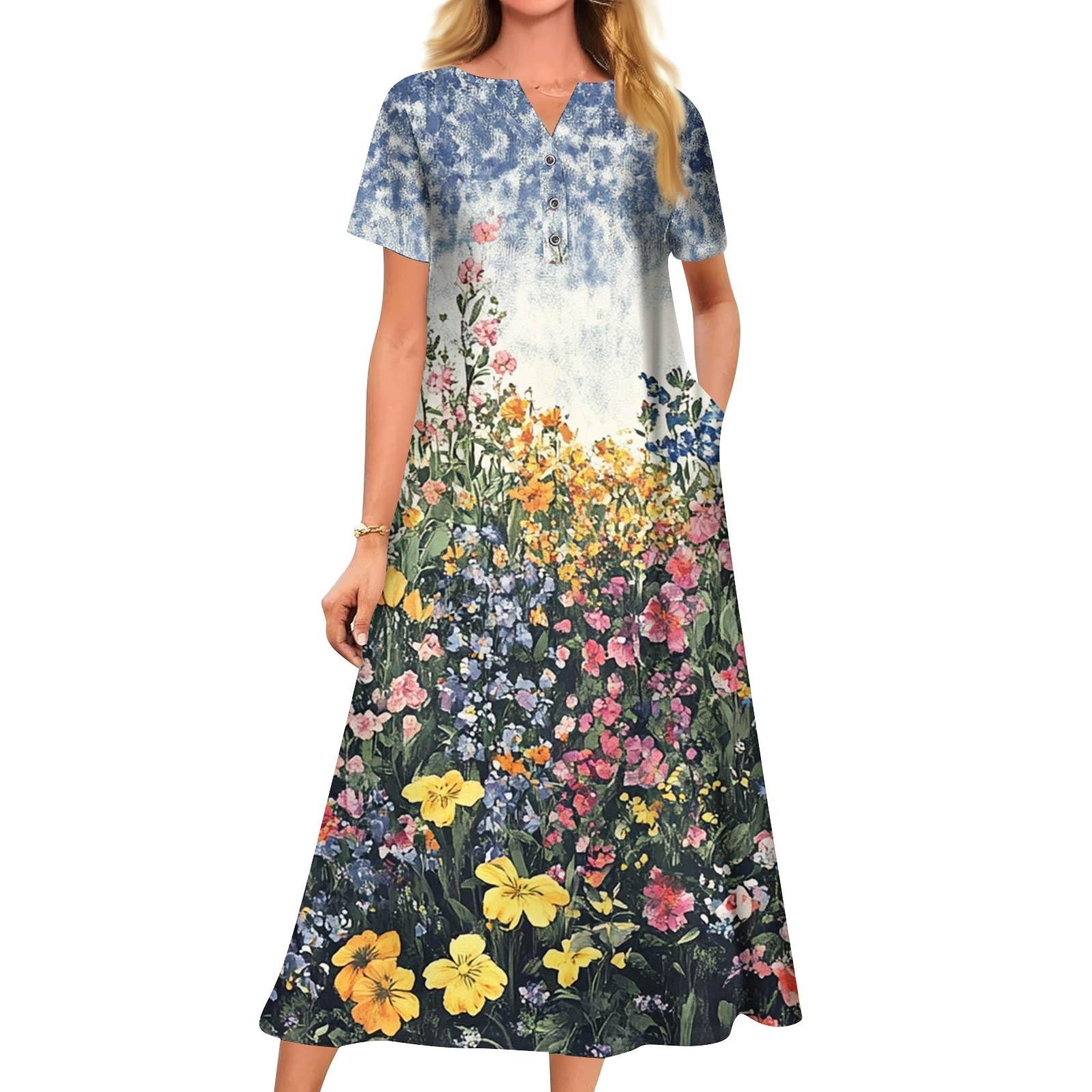 

Женское летнее платье свободного кроя с принтом, V-образным вырезом и короткими рукавами XXL