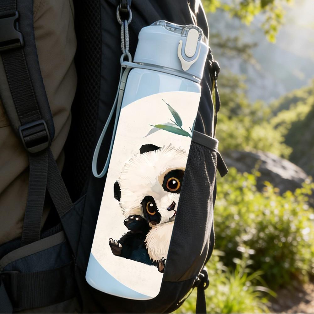 1PC Ink Wash Painting Panda Bamboo Pattern 750ml Color Plastic Sports Water Bottle Leakproof Flip Straw Lid Suitable for Sports Office Home Use