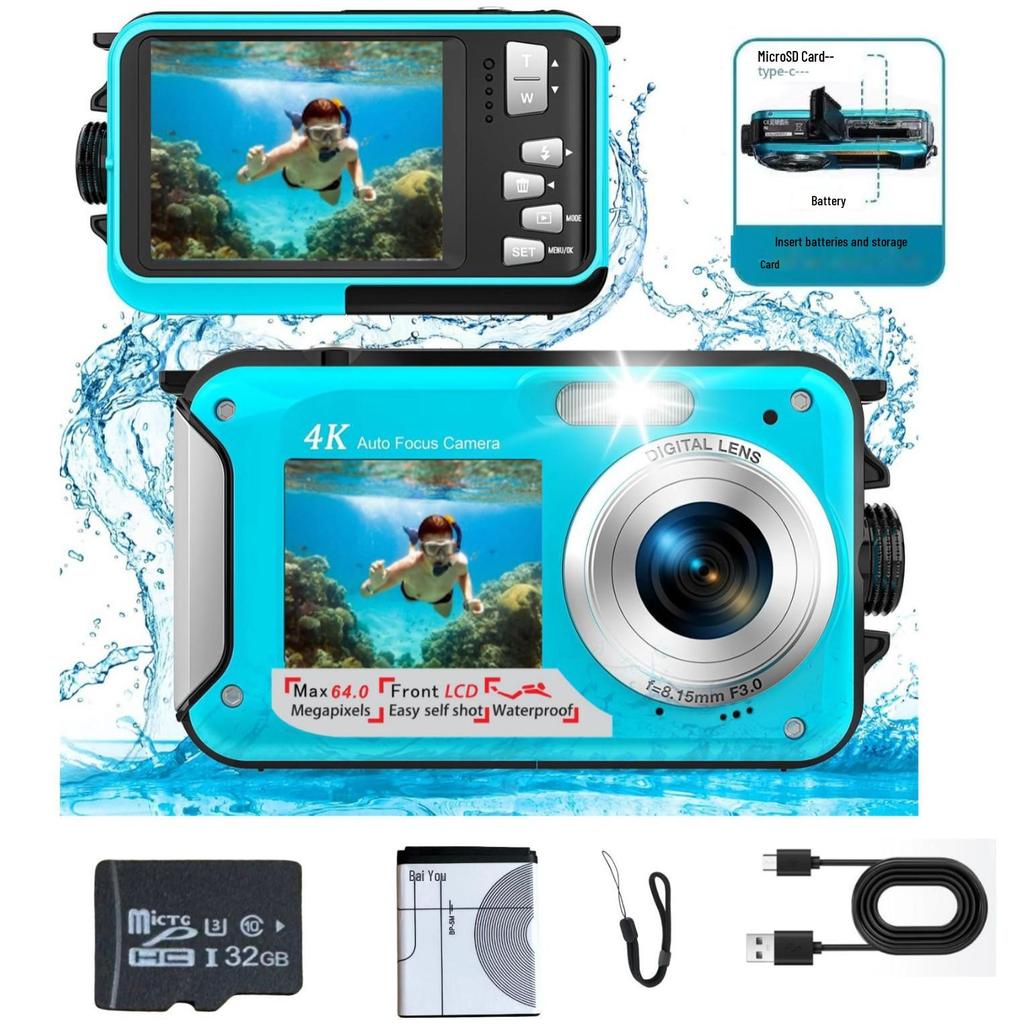 4K Underwater Camera, 64MP Autofocus, Waterproof with HD Dual Screens for Selfies