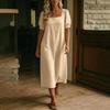 Women Casual Solid Color Square Neck Short Sleeve Linen Cotton Blend Midi Dress with Pockets Lightweight Summer Dress