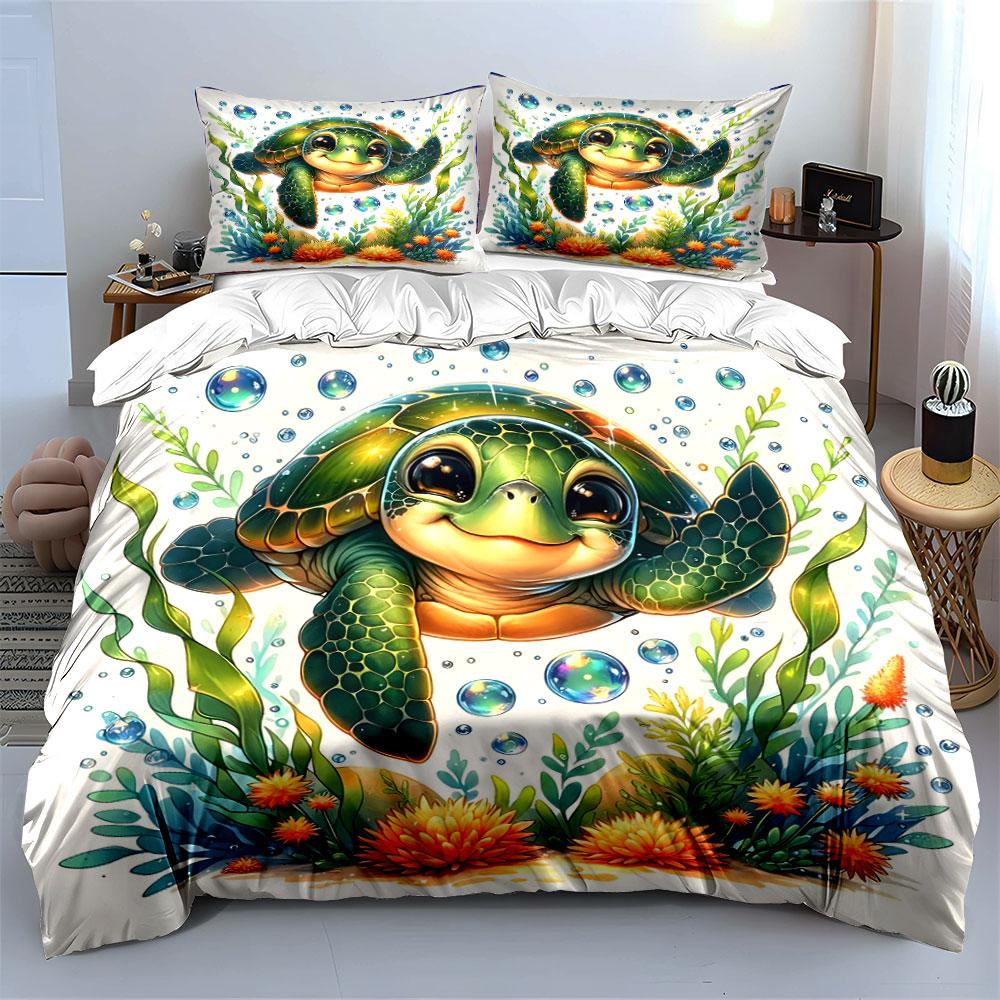 Sea Turtle With Seaweed And Bubbles Printed Duvet Cover Set1 Duvet Cover+2 Pillowcasemulti Size Bedroom Bedding Decor