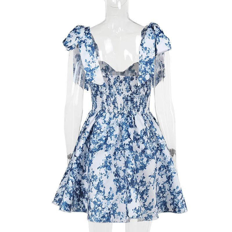 Vintage Blue Print Bow Lace-Up Sling Dress For Women High Waist Pleated A-Line Mini Dresses Summer New Vocation Lady Vestidos