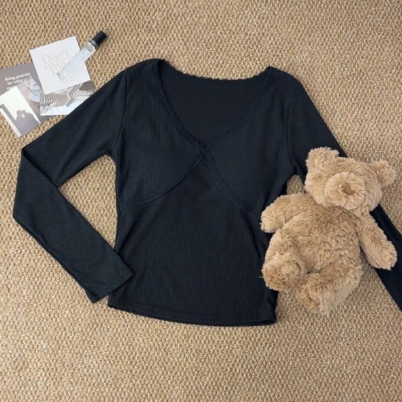 Autumn and Winter V-neck Lace Lace Cashmere Warm Long Sleeve Base Shirt Female Pure Wind Spice Bm Outside To Wear Autumn Clothes Top