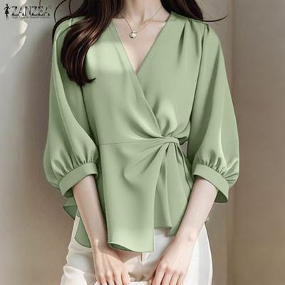 Women Casual V-Neck 3/4 Sleeve Lace Up Loose Blouse