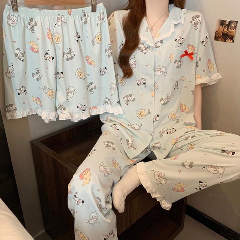 Cartoon Puppy Cute Fun Style Imitation Cotton Edge Pajamas Women's Summer Loungewear Short-sleeved Three-piece Set
