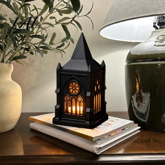 Modern Living Room Decor Gothic Cathedral LED Candle Lantern Church Shaped Flameless Tealight Lamp Luminous Figurine for Home Spooky Vintage Desktop