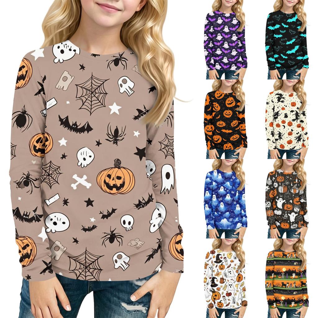 Children's Halloween Print Long Sleeve Neck T-Shirt for Boys Girls