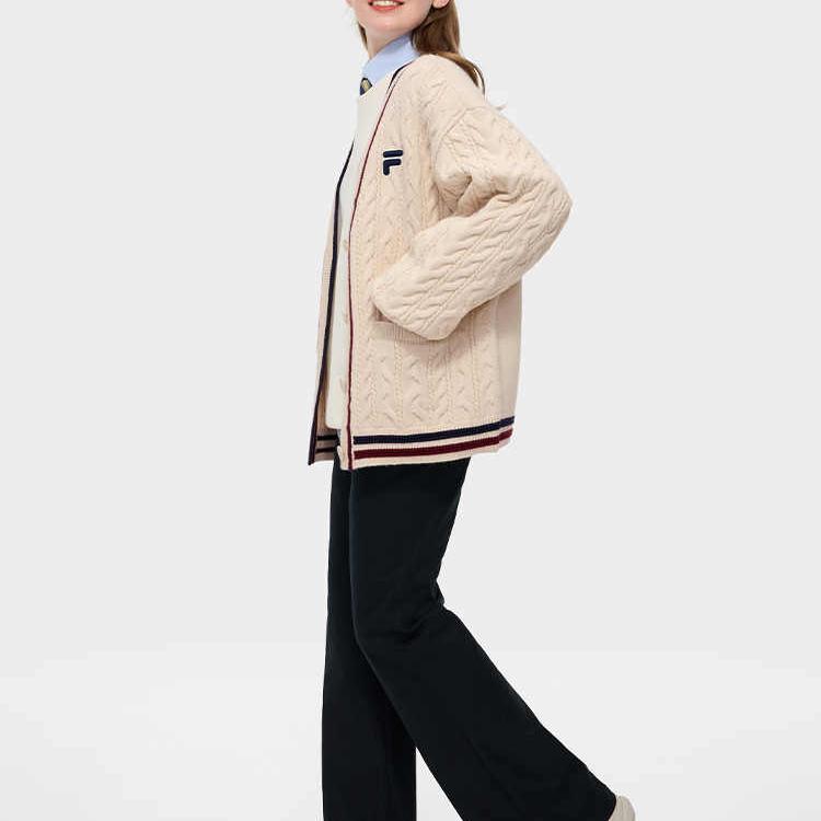 Fila Fusion Retro College Fashion Versatile V-Neck Knit Sweater Women Tops Milk-Beige T11W433403FBG