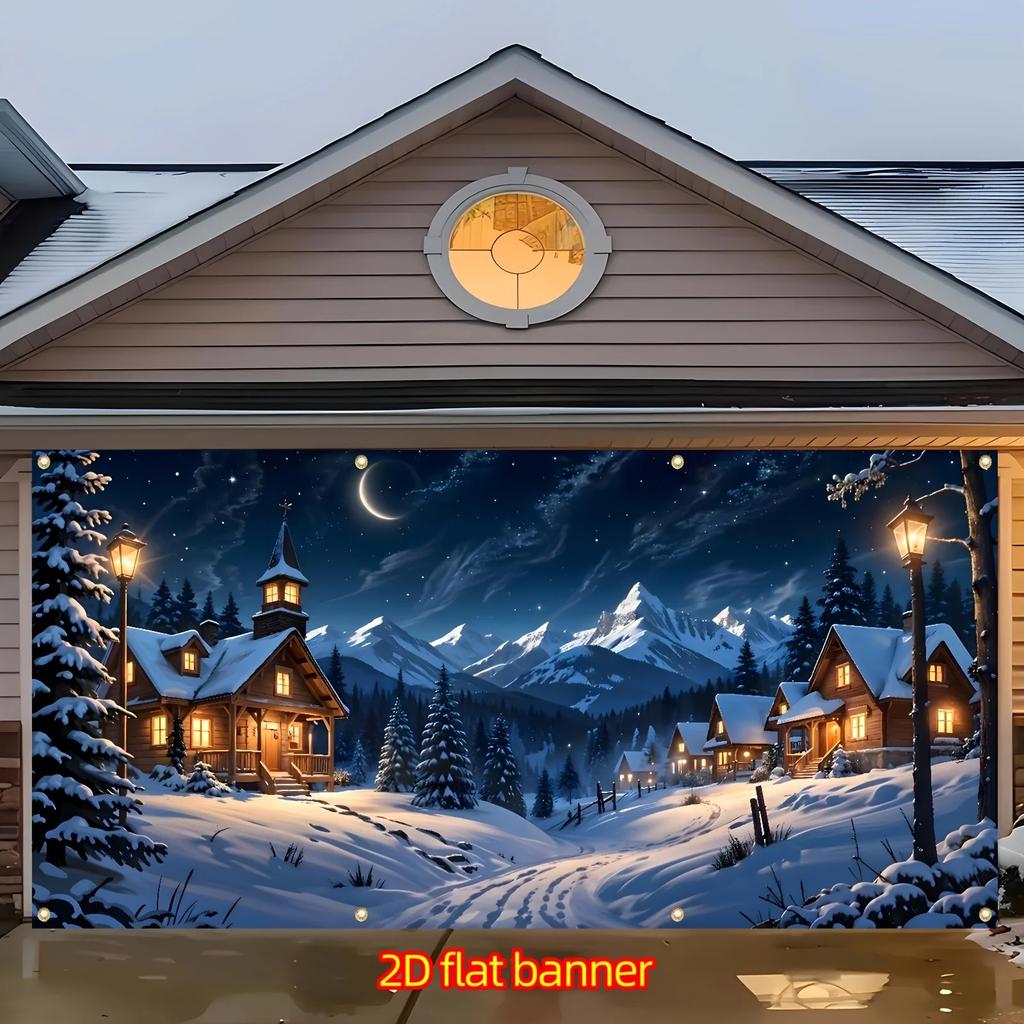 1 large Christmas garage backdrop depicting a winter mountain landscape a small cabin and a Christmas tree
