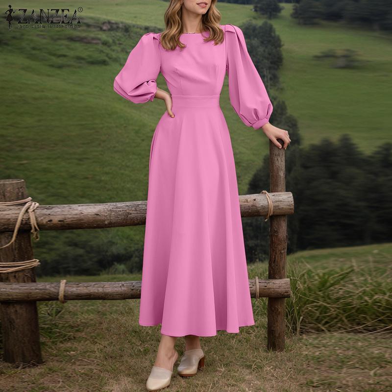 ZANZEA Dame Fritid Rund Hals Løs Puff Langermet Ensfarget Kjole