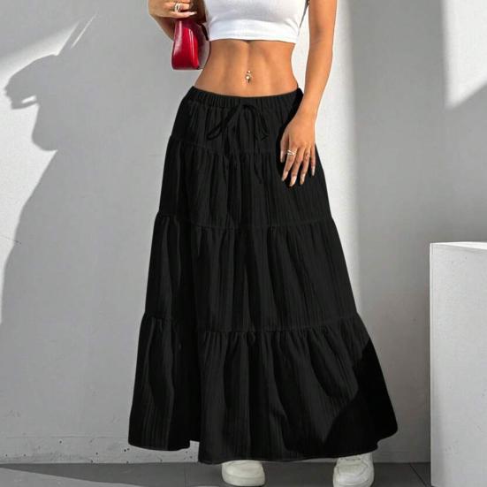 Women Long Skirt Spring Summer Middle Waist A Line Flowy Swing Skirt Breathable Solid Color Elastic Waist Drawstring Pleated Casual Skirt