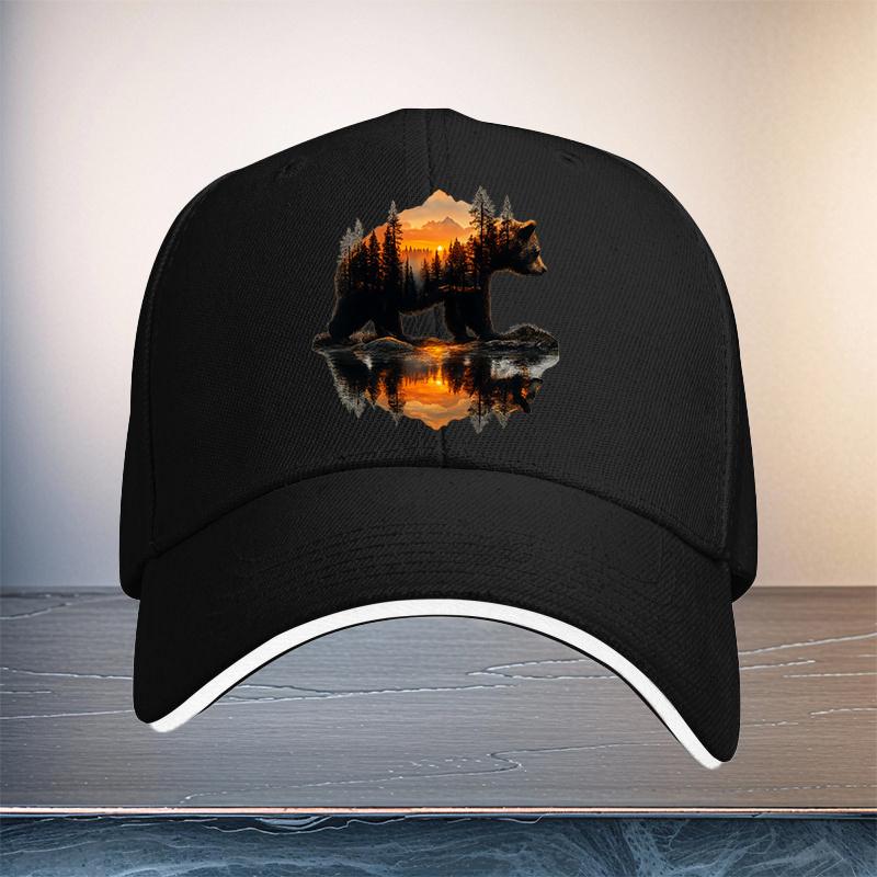 Bear Forest Sunset Reflection Graphic Baseball Cap Unisex Polyester Casual Outdoor Adjustable Hat