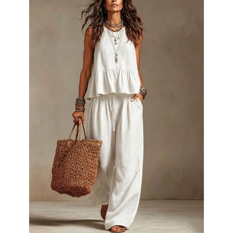 Women Solid Color Sleeveless Tank Top And Drawstring Waist Wide Leg Pants Casual Loose Fit Two Piece Set Summer Outfit