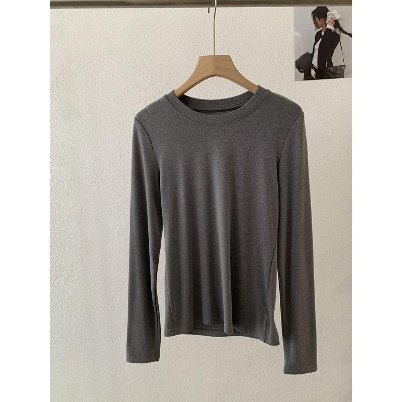 Frühling Herbst Rundhals Einfarbig Unterteil T-Shirt Damen Langarm Schlicht Allround Elastischer Pullover T-Shirt Top