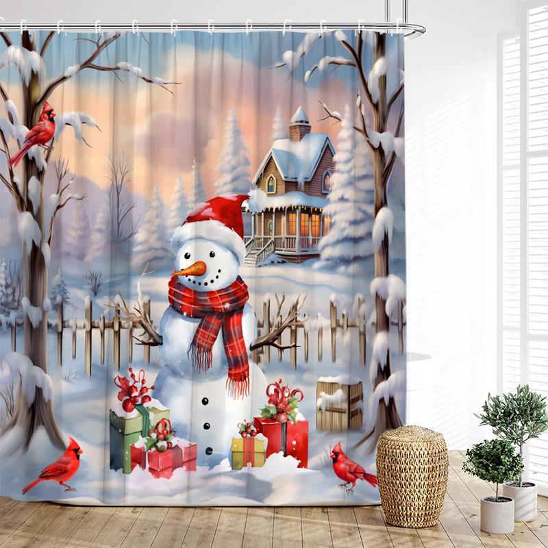 Forest Cute Snowman Shower Curtain Red Bird Berry Squirrel Winter Snow Christmas Bath Curtains Fabric Bathroom Decor with Hooks