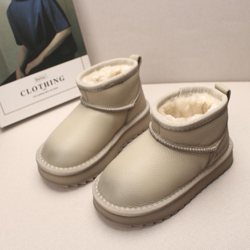 2025 Winter Genuine Leather Kids' Fleece-Lined Snow Boots - Warm, Thickened Short Boots for Boys and Girls