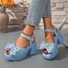 2025 Summer Women's Sandals Platform Bow Tie Buckle Strap Dress Sandals Chunky High Heel Shoes Blue Denim Outwear Shoes